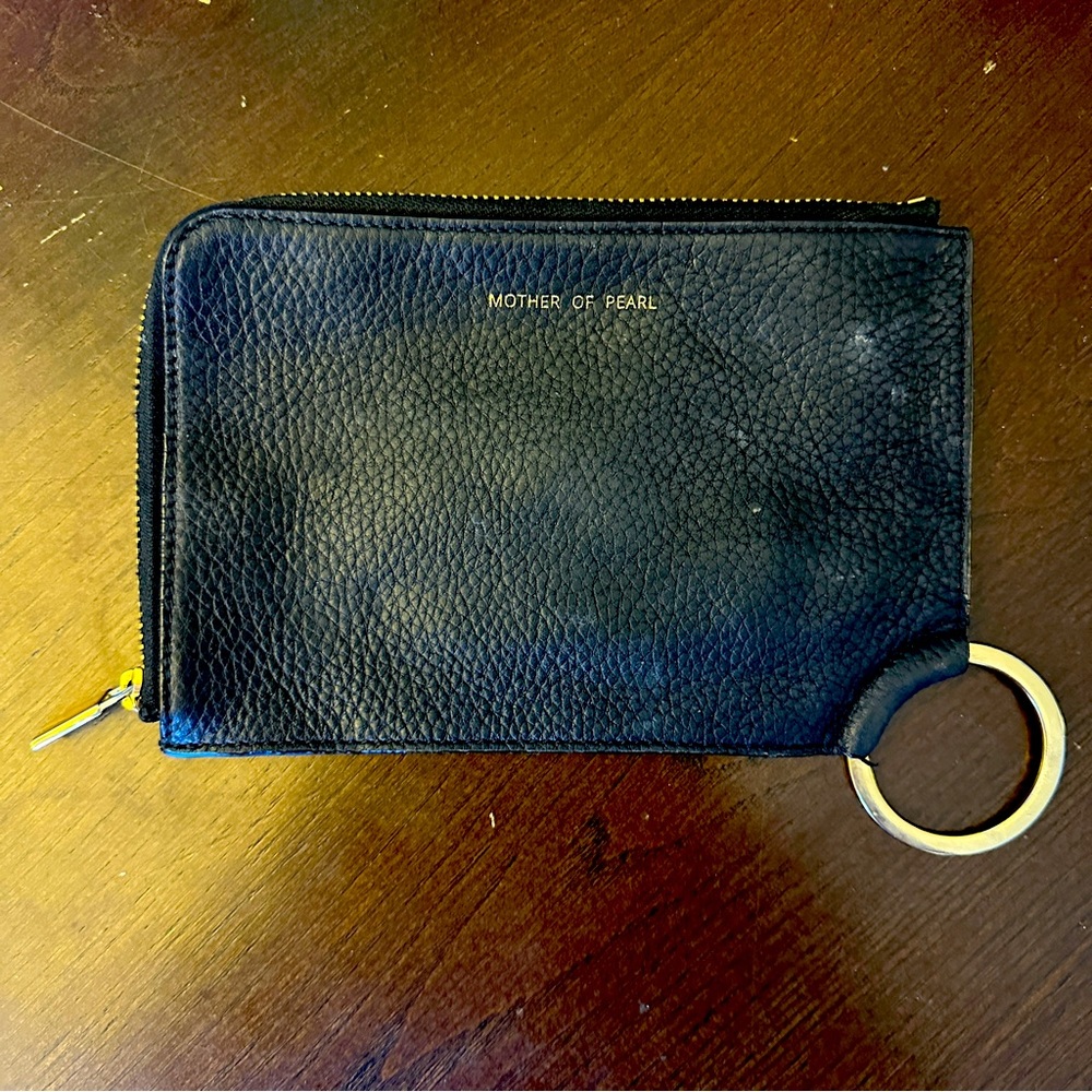 Mother of Pearl Black Leather Wallet Zipper Coin Purse Travel Satchel Mini Bag